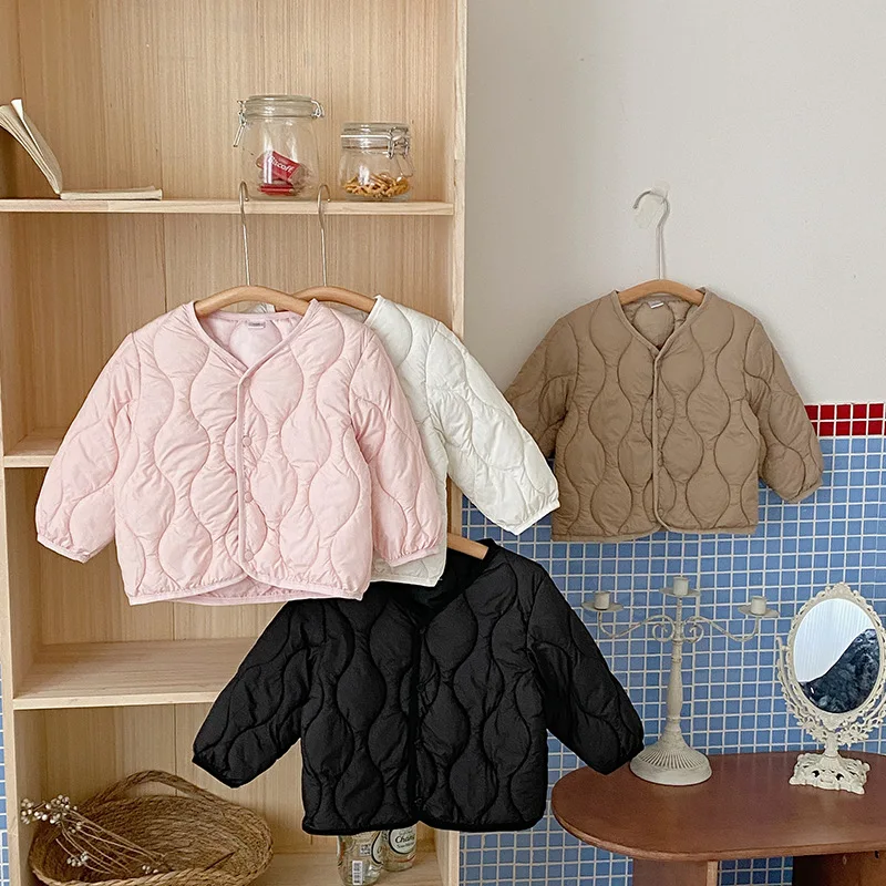 2026 Winter Kids Lightweight Jacket Girls Quilted Puffer Solid Color Coat Boys V-Neck Children Warm School Outerwear