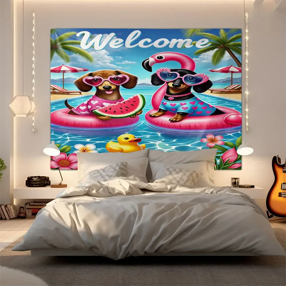 Summer Dachshund Flamingo Print Tapestry Wall Hanging Tapestries Wall Blanket Backdrop Decor HD Print Vacation Home Wall Decor