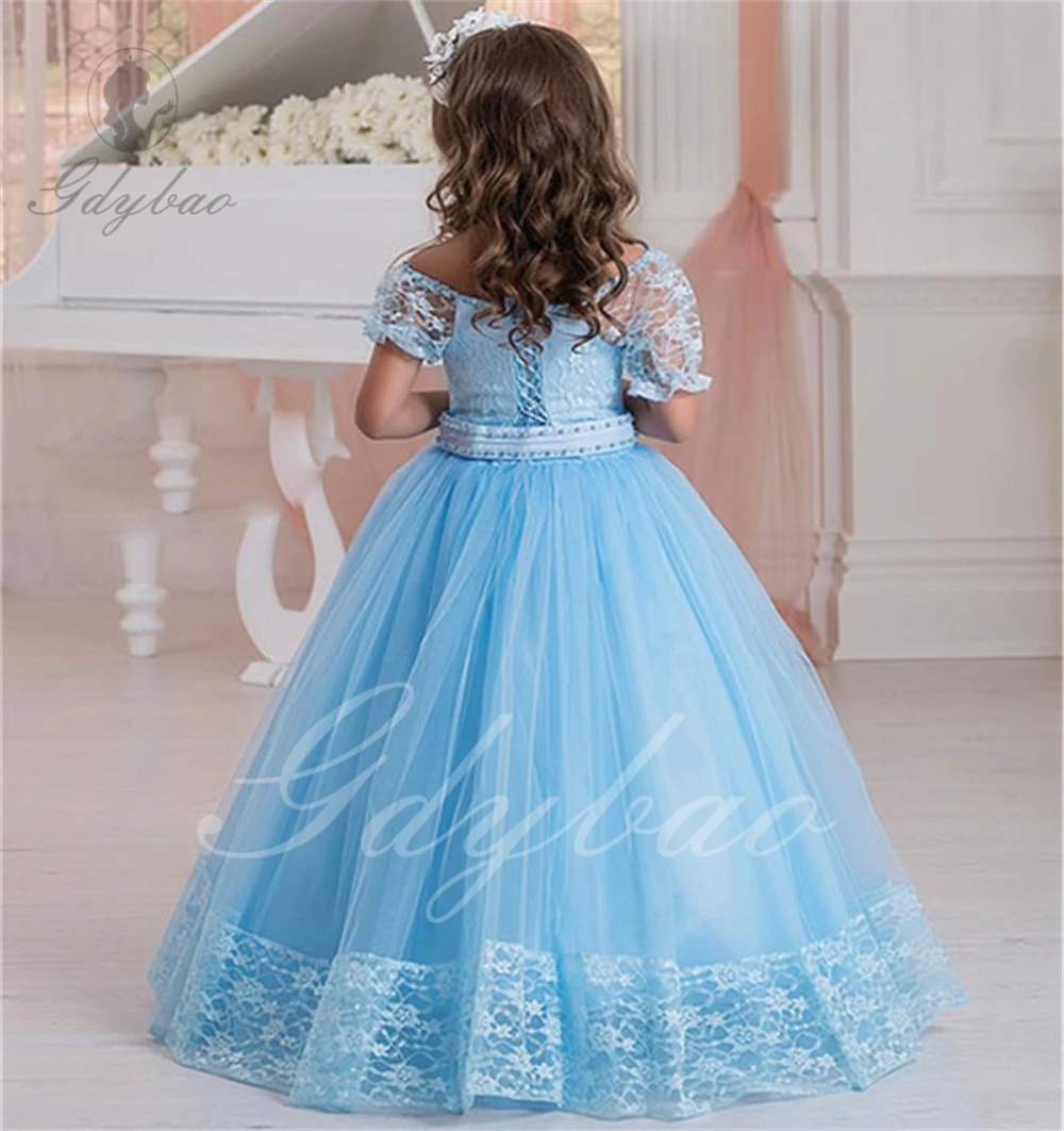 Blaues Tüll-Blumenmädchenkleid für die Hochzeit, Spitze, O-Ausschnitt, Applikation, bauschig, mit Schleife, Prinzessin, Geburtstag, Erstkommunion, Ballkleid