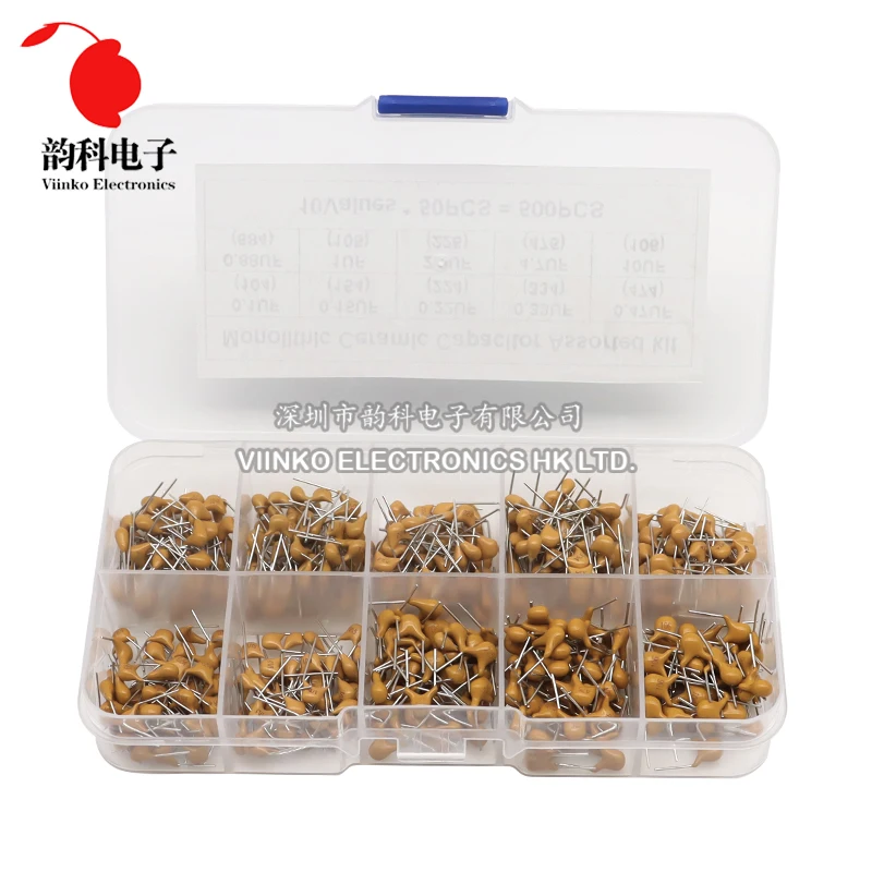 500pcs Multilayer Ceramic Capacitor Assorted Kit 50V 10values*50pcs 0.1uF - 10uF Monolithic Capacitance Set with Box