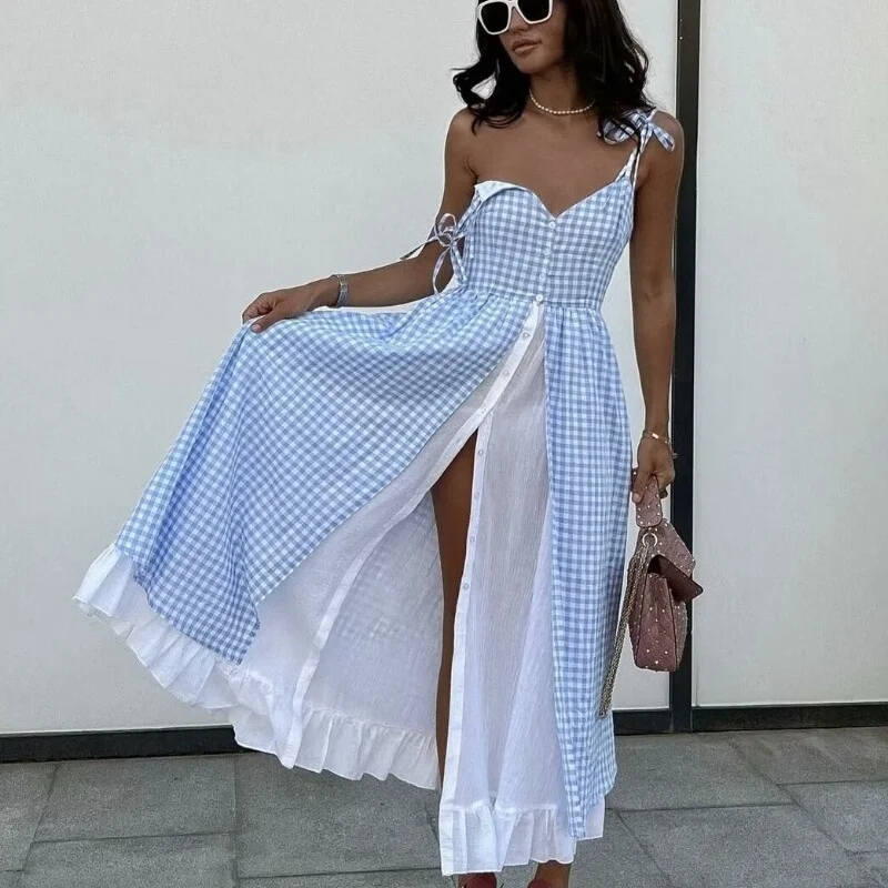 

2024 Summer Fashion New Women's Fresh French V-neck A-line Strap Beach Style Strap Dress