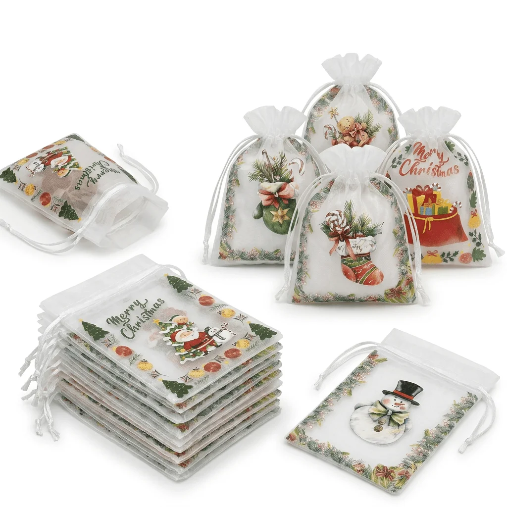 10/20pcs Merry Christmas Organza Pouch Drawstring Gift Bag Santa Stocking Snowman Print Candy Jewelry Storage Sack