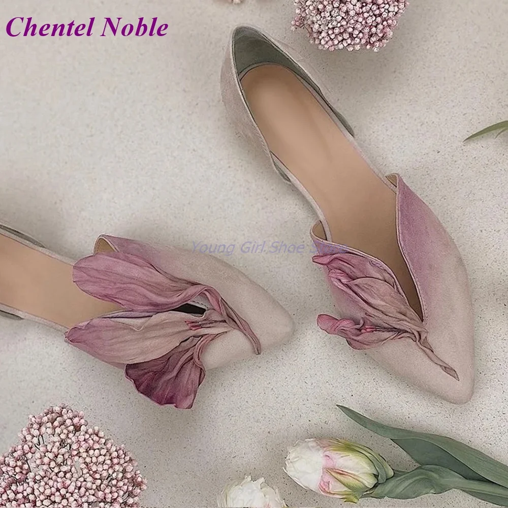 Cowhide Petal Prong Pumps Hollow Flat Heel New Arrival Spring Summer Women Shoes Dance Elegant  Retro Fashion Shoes Green Pink