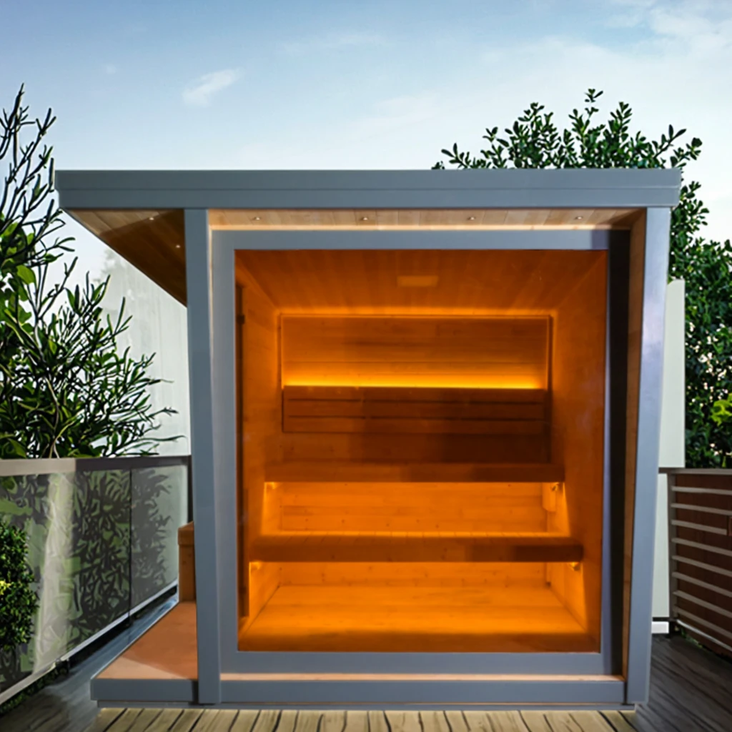 Luxury  6- Person Outdoor Black Square Sauna Room Spruce Cube Spa 6KW Heater with LED Outsider Sauna Room view 5