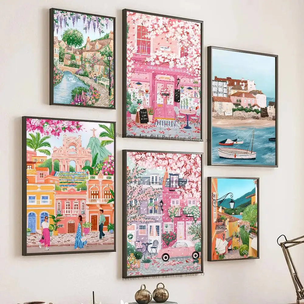 Pink Paris London Hungary Travel Poster Self-adhesive Art Room Entrance Restaurant Wall Decor Art Painting
