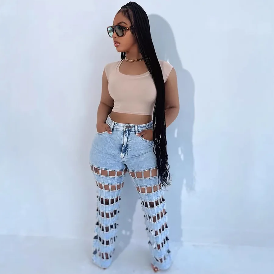 2025 nouveau Style femmes déchiré trous jean Streetwear mode creux taille haute pantalon en Denim droit jean décontracté été