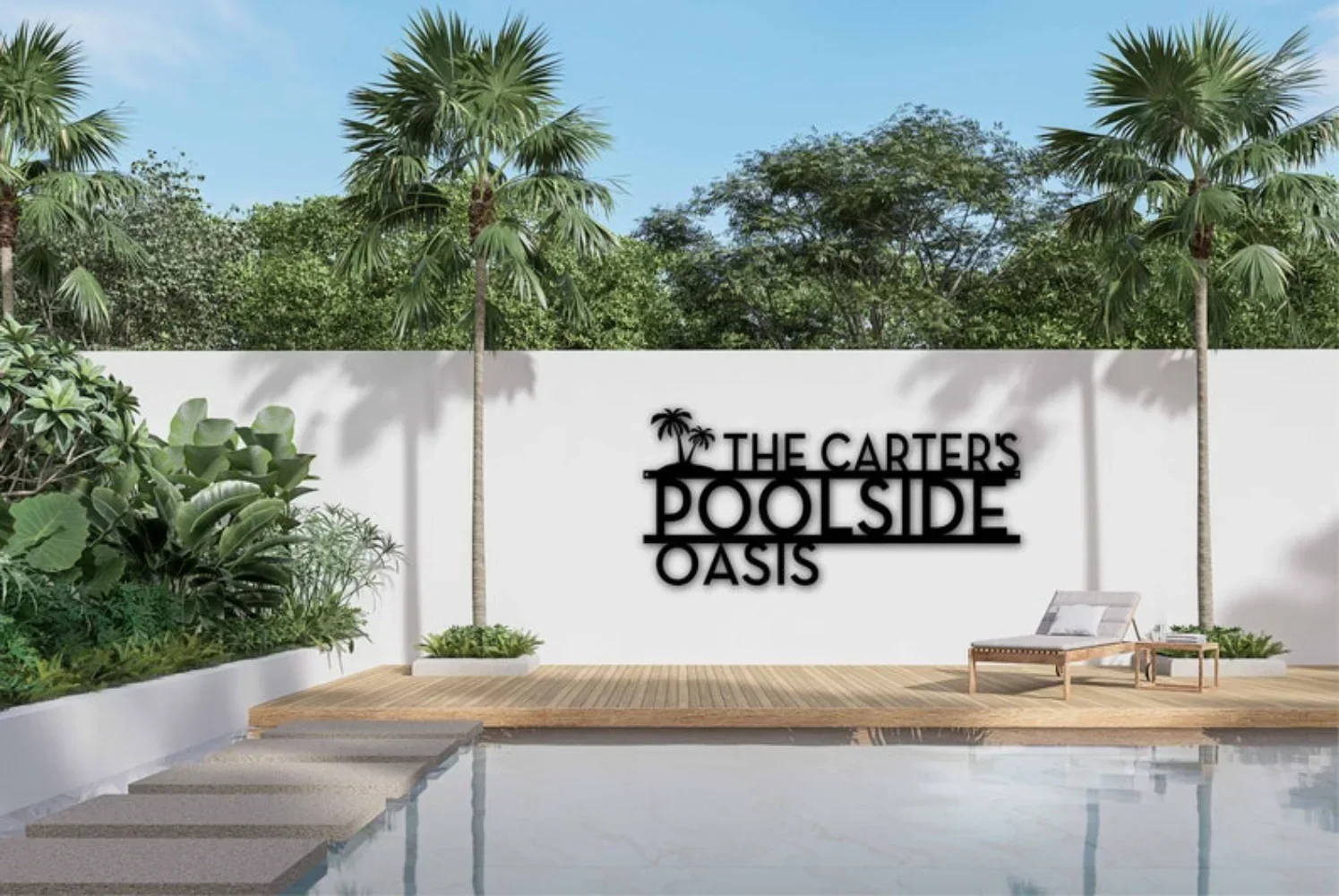 Personalized Palm Tree Oasis Sign, Wall Art. Ideal for Outdoor Patio & Poolside. Infuse Tropical Vibe, Unique Housewarming Charm