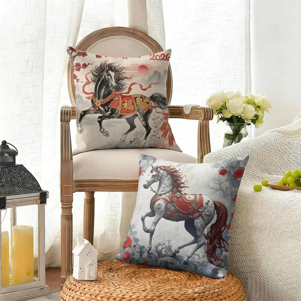 

Наволочка для дивана «Благоприятный Год Лошади 2026» из органического льна для летней прохлады, с двусторонней печатью, для домашнего декора