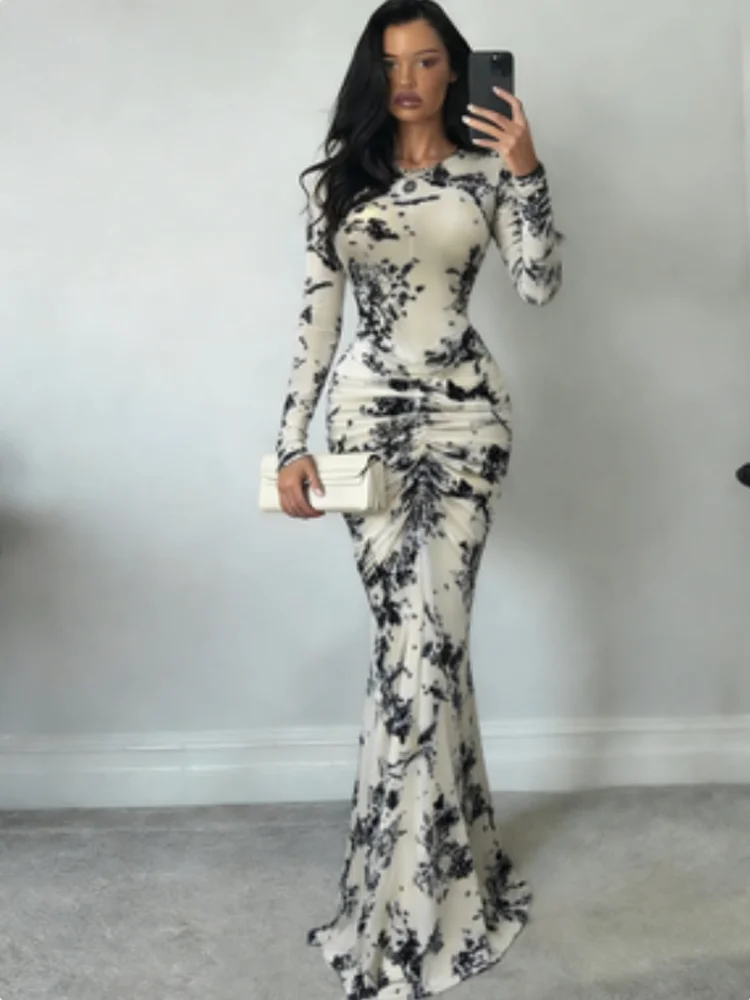 

Элегантное женское платье Nibber с цветочным принтом, прозрачными вставками, длинными рукавами, драпировкой, персикового цвета, для выпускного вечера, стрейч, облегающее, сексуальное, макси, бодикон