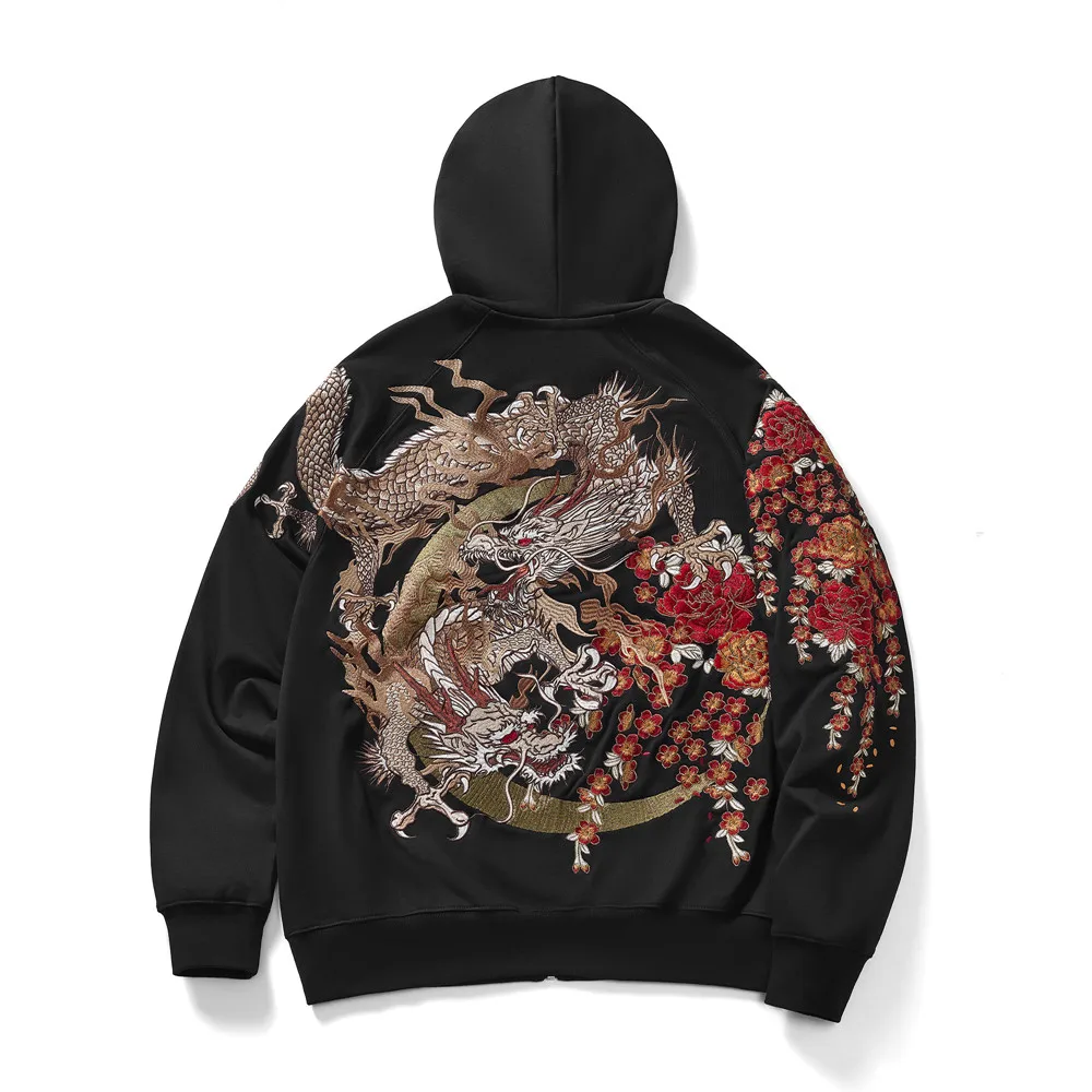 High Quality Chinese Dragon Flower Embroidery Hip Hop Black Hoodie