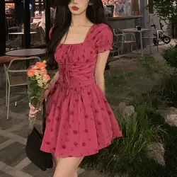 Female Clothing Sweet Broken Flowers Mini Dress Elegant A-Line Waist Summer Square Collar Korean Chic Folds Drawstring Dresses