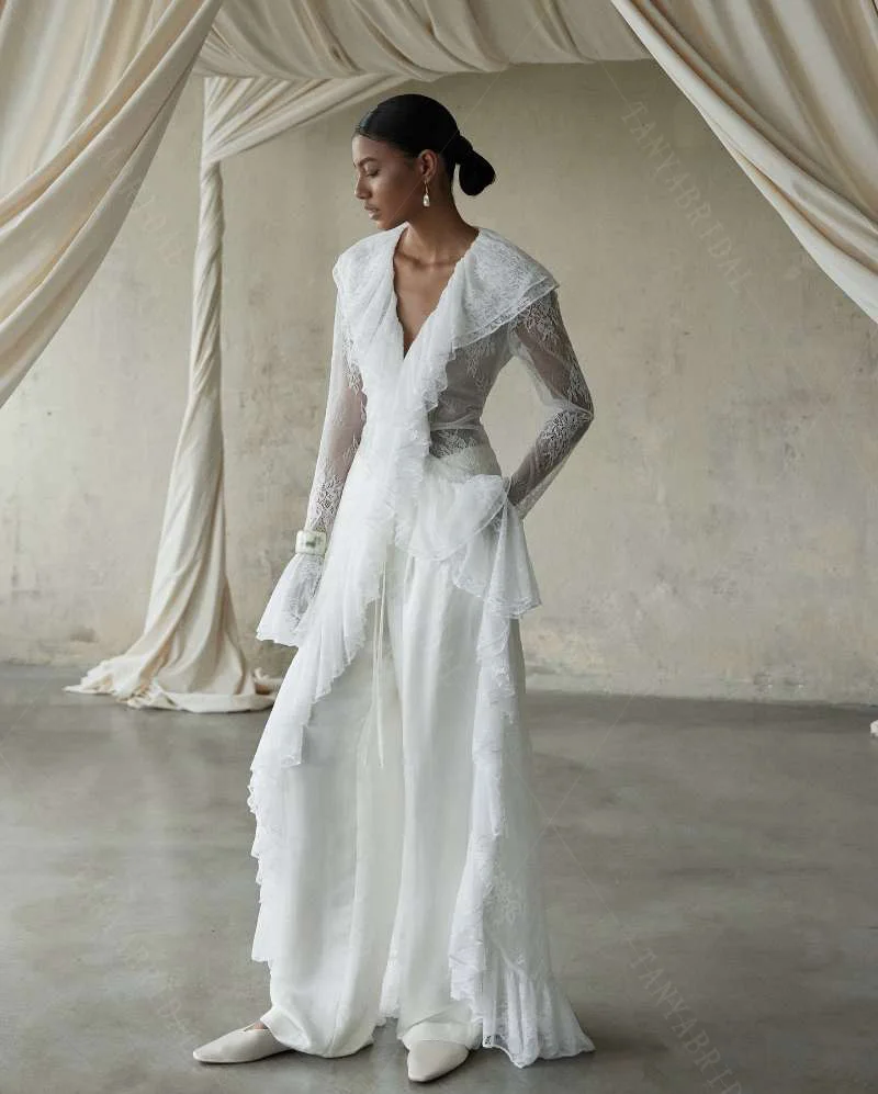 الكشكشة العميقة الخامس الرقبة الدانتيل الزفاف الرأس مع الشريط الطويل ، بلوزة الزفاف الجميلة ، معطف المرأة DJ500 #4