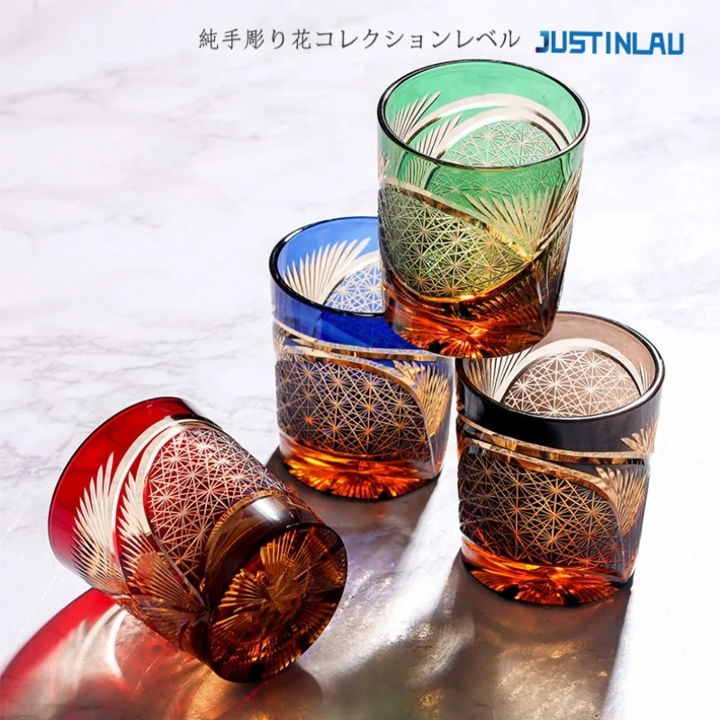 JUSTINLAU Crystal Glass Whiskey Cup for Men Japanese-style Hand Carved Edo Kiriko Collectible Barware Whisky Glass Liqueur Glass