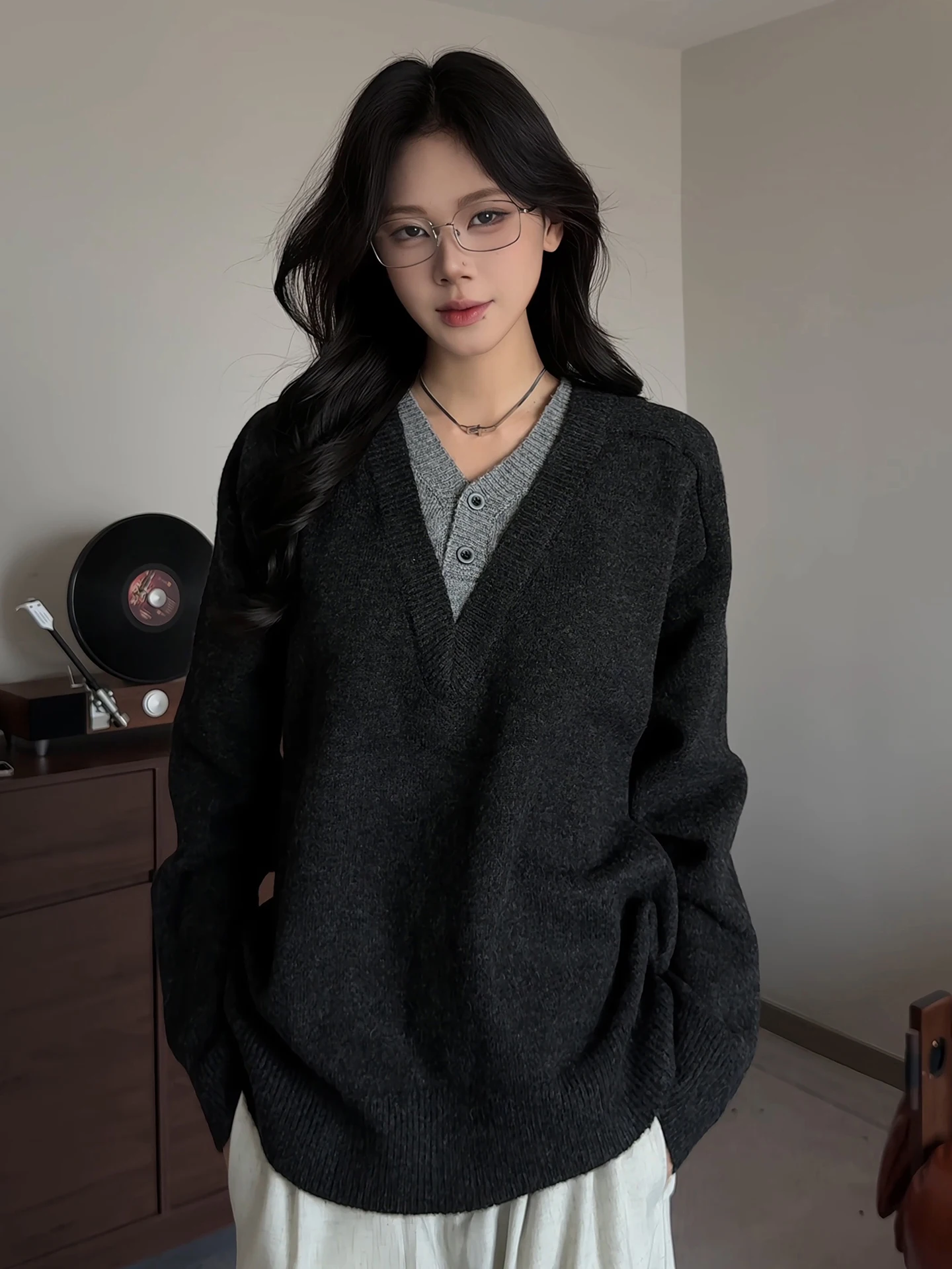 

Warm V-Ne Knitted Sweater Men's Sle Lazy Casual Inner irt Heavyweight Fake Two-Piece Loose Fit Ci Walk Home Travel