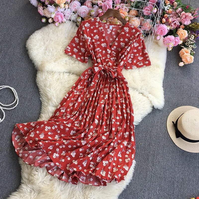 YuooMuoo Chic แฟชั่นดอกไม้พิมพ์ชุดสตรี 2025 ฤดูร้อน SASH BANDAGE จีบชุดเลดี้ชุด Vestidos Robe Femme