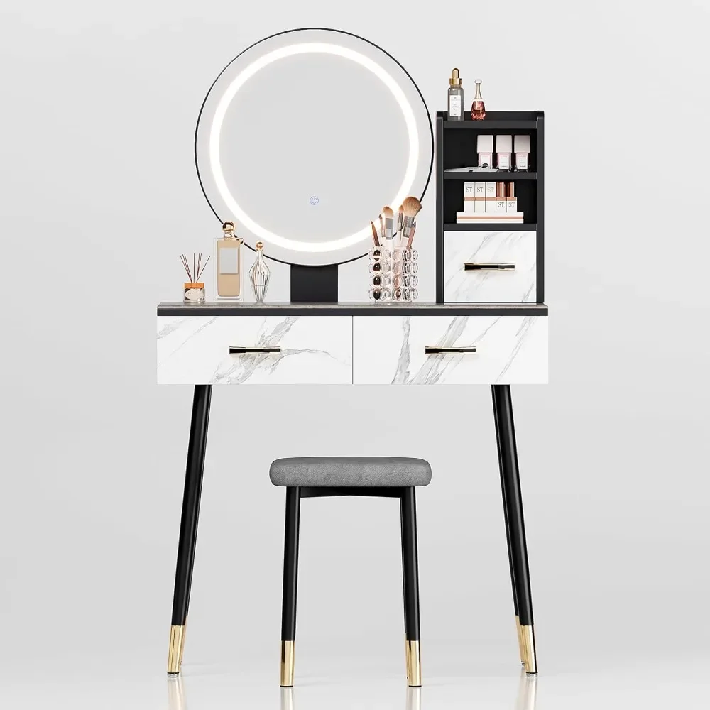 Small Vanity Desk with Mirror and Lights, Dressing Table with 3 Drawer and 2 Open Shelves, Rock Board Top Dressing Table