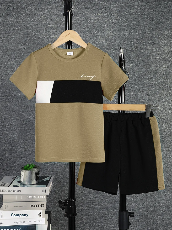 2-teiliges Set für Jungen, lässiges Outfit, Farbblock-Kurzarm-T-Shirt und Shorts, bequeme Sommer-Kinderkleidung, 8 Farben für Alter 7–15 Jahre – Detail 21