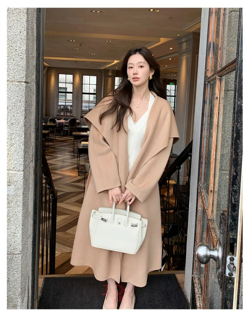 

Double-sided Wool Coat Women's Large Lapel Cashmere Loose Overcoat Notched Collar Belted Woolen Coat Winter