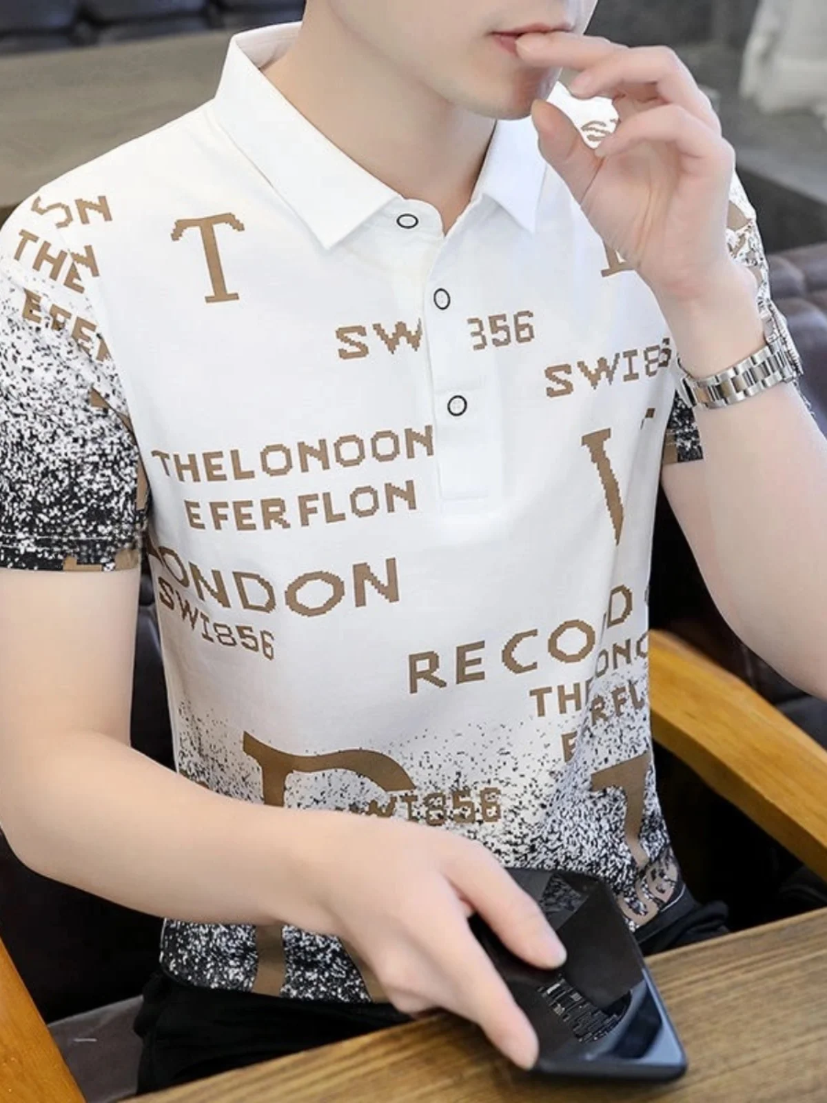 

Ice Silk Cotton Short Sleeve Shirt Men's Summer Color Block Print Collar Trendy Brand Handsome Business Youth T-Shirt