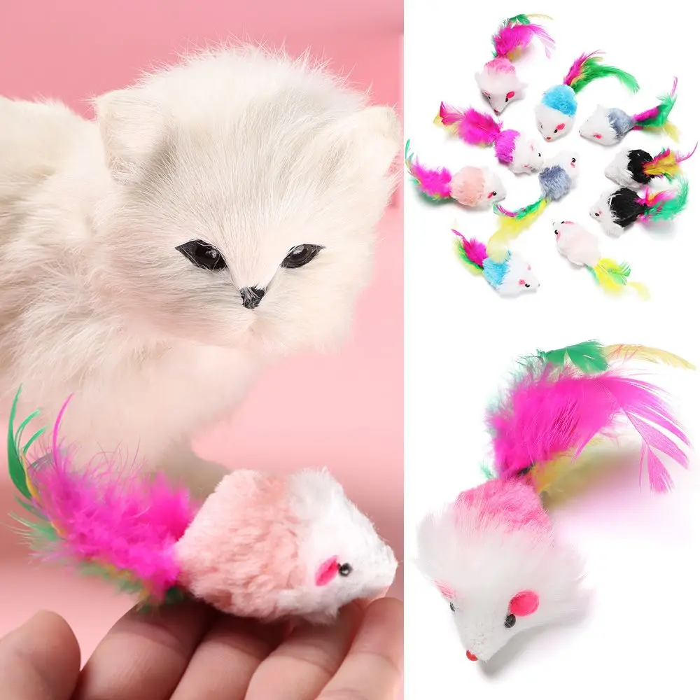 10Pcs Assorted Color Feather Tail Catnip Cat Mouse Toys Interactive Cat Toy Mice Rattle Set Kittens