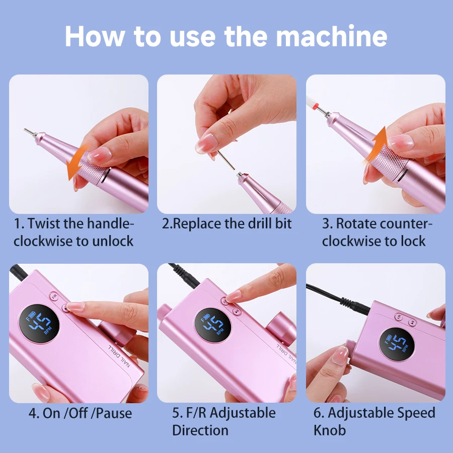 Professional Rechargeable Nail Drill Machine, 45000RPM, 4500mAh Large‑Capacity Battery, Portable Electric Nail File with Drill Bits Kit, Manicure Pedicure Tool for Salon & Home Use view 8