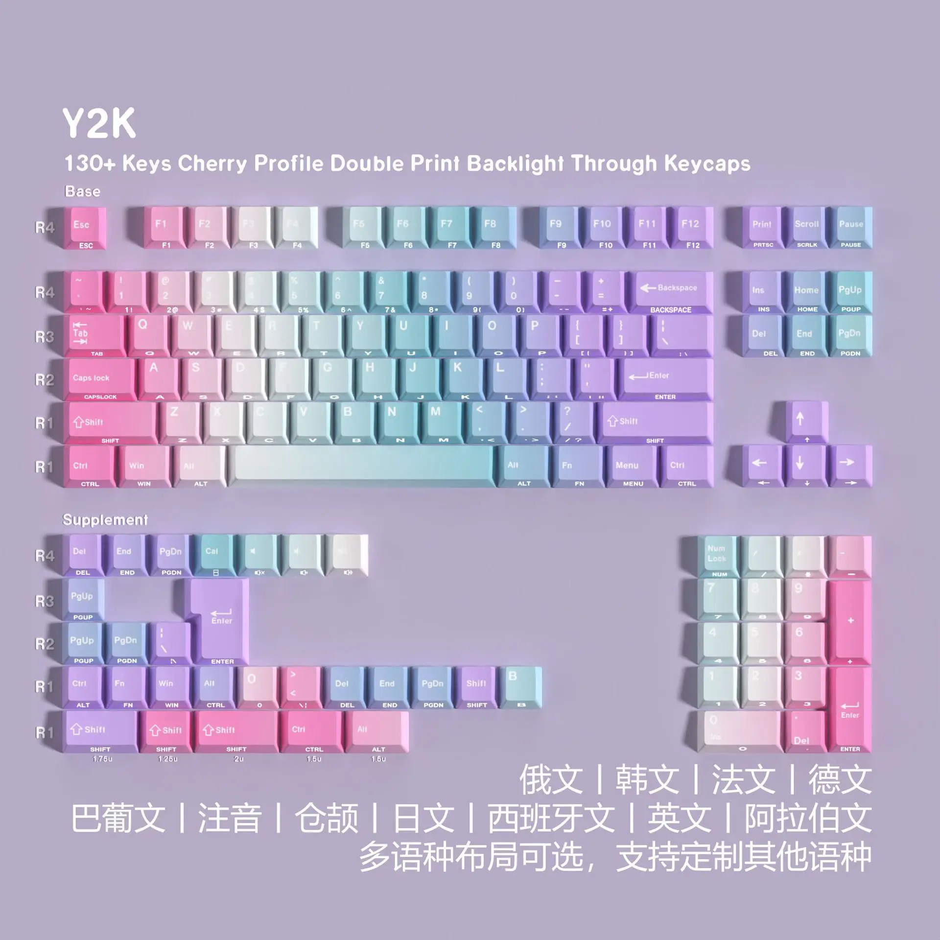 

Gradual change double engraving Y2K light transmission Pbt original full set of keycaps Korean Russian European small language 5