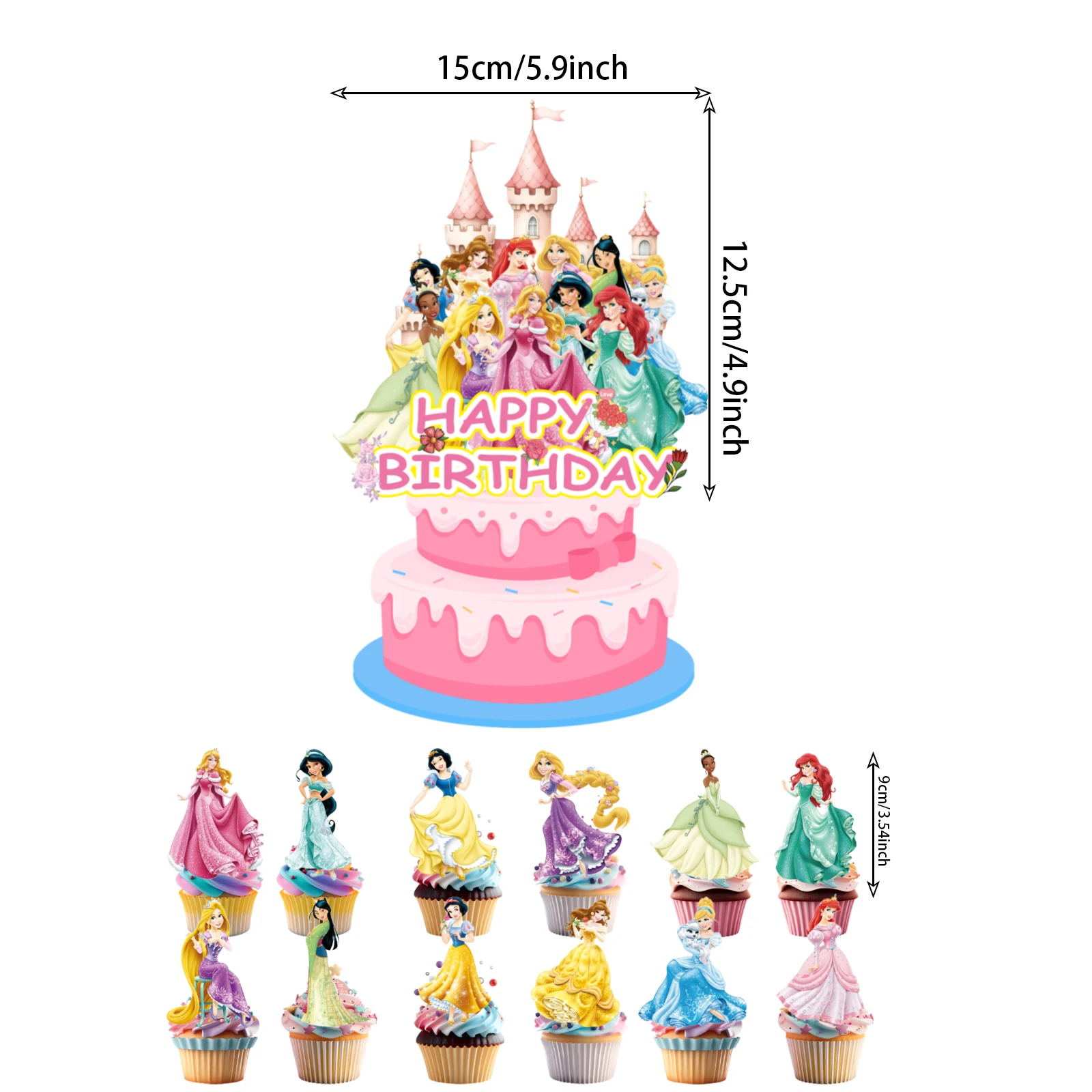 قطعة علوية لكعكة أميرات ديزني، أغطية كب كيك للفتيات، مستلزمات حفلات أعياد ميلاد الأميرة الوردية، عيد ميلاد الأميرة #2