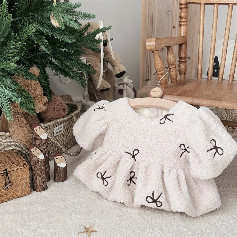 2024 Winter New Baby Girls Bow Embroidery Fleece Shirts Cute Puff Sleeve Infant Lamb Wool Tops Toddler Plus Velvet Warm Clothes