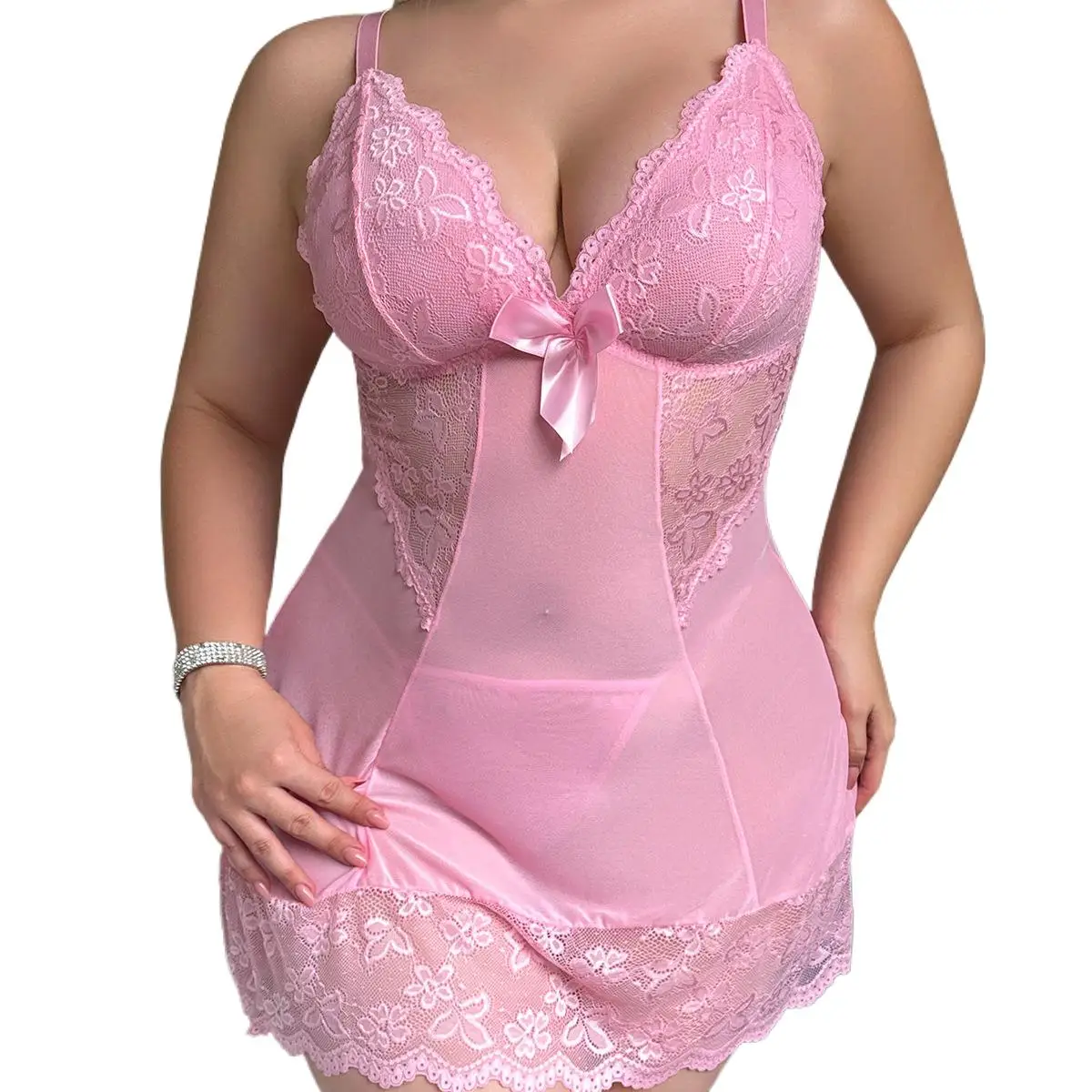 Plus Size Babydoll Lingerie Lace Chemise with Thong See Through Mesh Nightdress Floral Embroidery Underwear for Women Pink