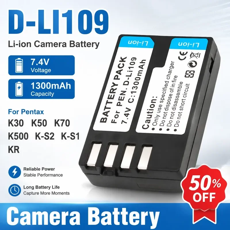 Batería de Iones de Litio D-LI109 de 7.4V y 1300mAh para Cámaras Digitales Pentax K30, K50, K70, K500, KR, K-S2, K-S1, Batería de Larga Duración