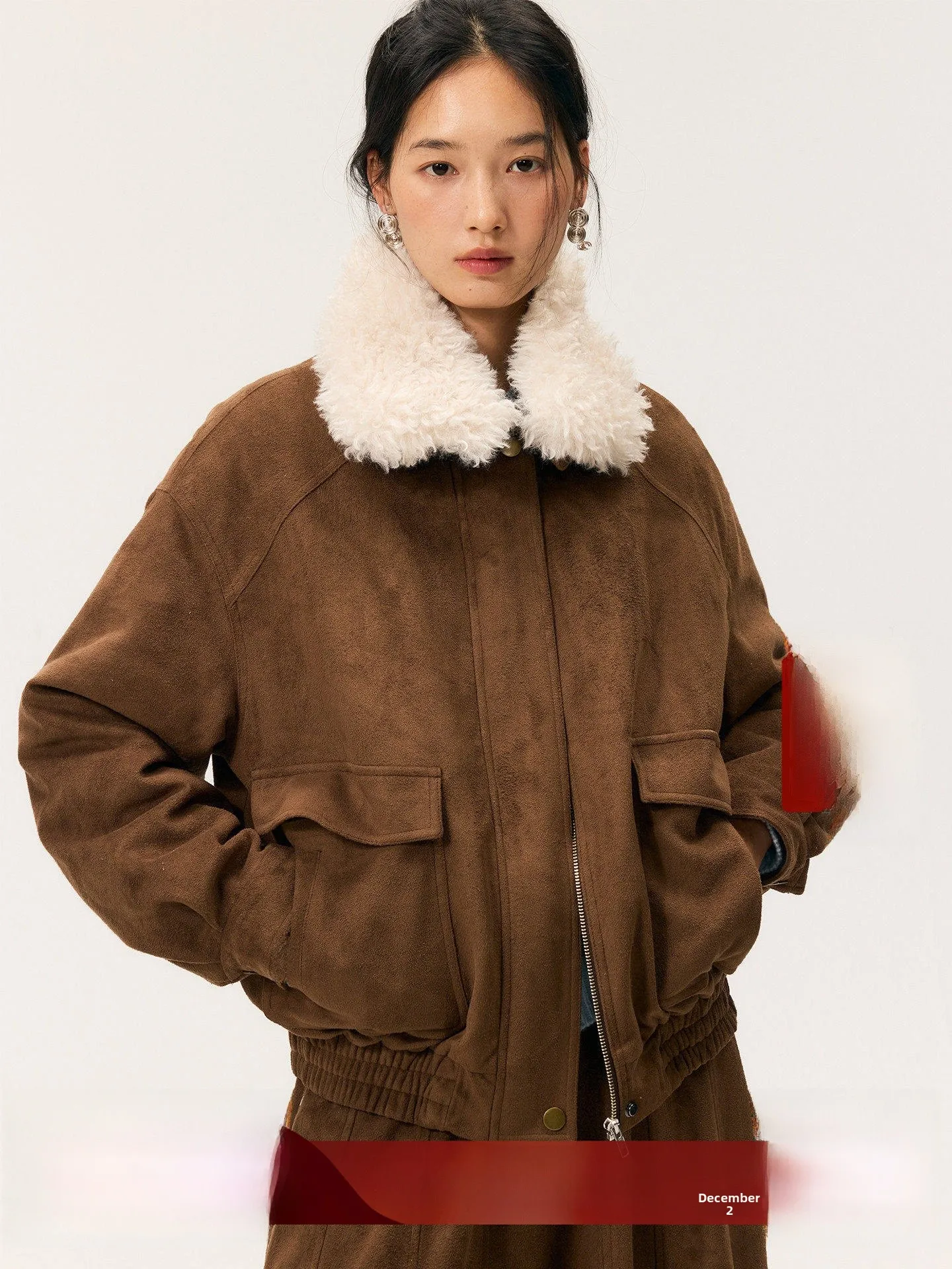 

HeyDr Retro Fce Lined Suede Jaet Women's ort Thiened Fur Collar Autumn Winter Coffee Color Warm Top Coat