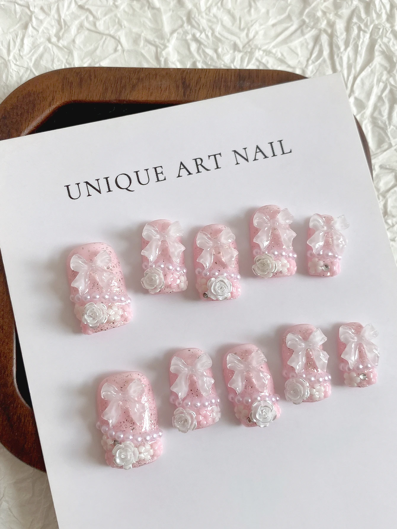 Sweet Fairycore Press On Nails, Short Square Hand‑made Nails, Glitter Pastel Pink Tone, Clear 3D Bowknot