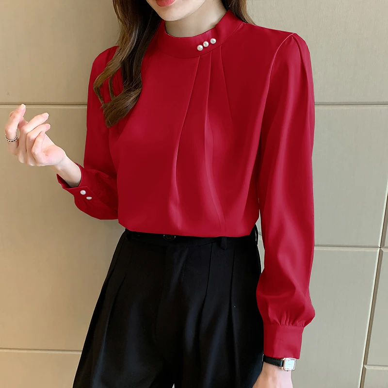 Herbst elegante Perlen Frauen feste Bluse neue Chiffon Langarm Rundhals ausschnitt koreanische lässige lose Büro hemden Tops weiblich