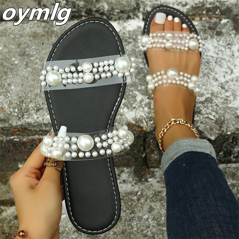 

Pearl sandals summer large size one-line flat casual beach slippers women's shoes slippers women