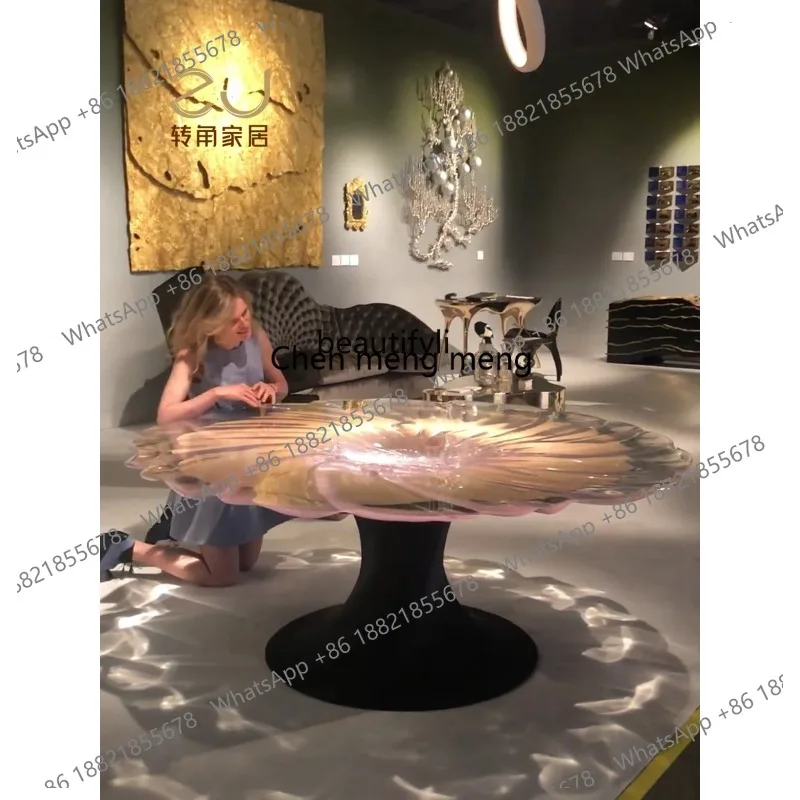 ss26 Crystal round Flowers Dining Table Light Luxury Transparent Resin Art Fiberglass round Table Tea Table