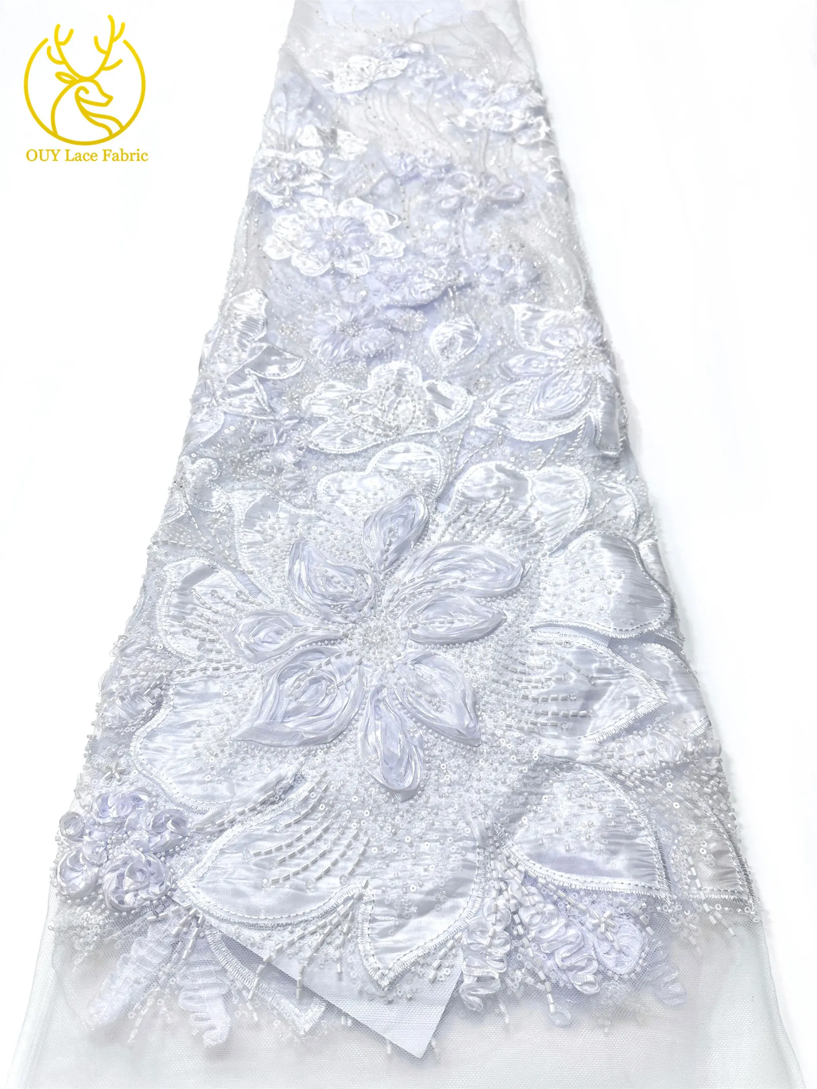3D-Blumen-Tüll, afrikanischer Spitzenstoff, eleganter französischer nigerianischer Perlen-Pailletten-Mesh-Spitzenstoff für Damen, Hochzeitskleid-Design-Stoff – Detail 10