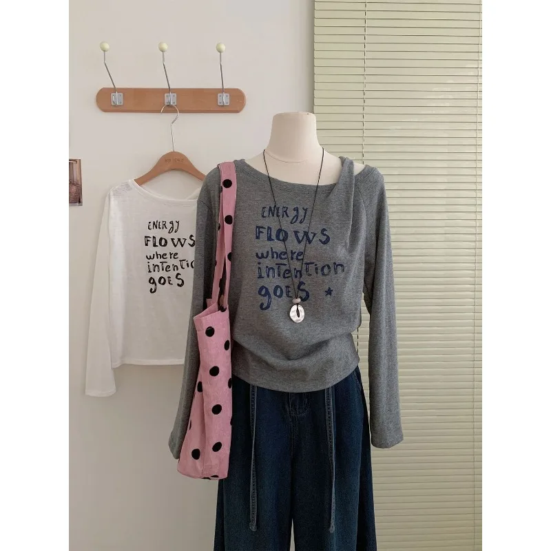 

Autumn Loose Casual Long Sleeve T Shirt Women Off Shoulder Round Neck Letter Print Design Top