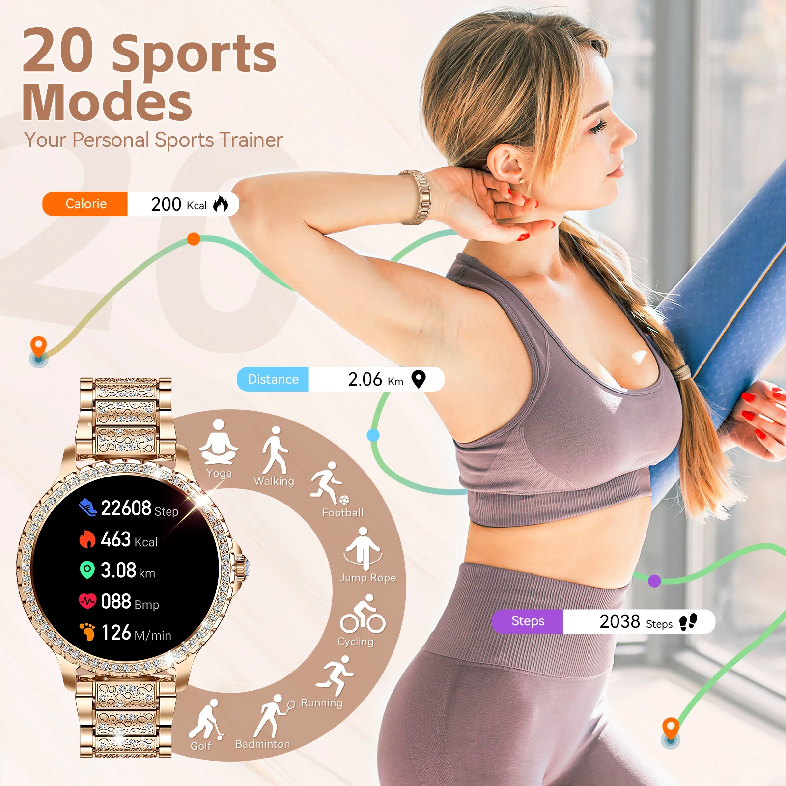 ساعات EIGIIS الذكية للنساء مع شاشة عالية الدقة مقاس 1.32 بوصة لتتبع اللياقة البدنية مع مراقب معدل ضربات القلب والنوم وساعة ذكية خارجية مقاومة للماء