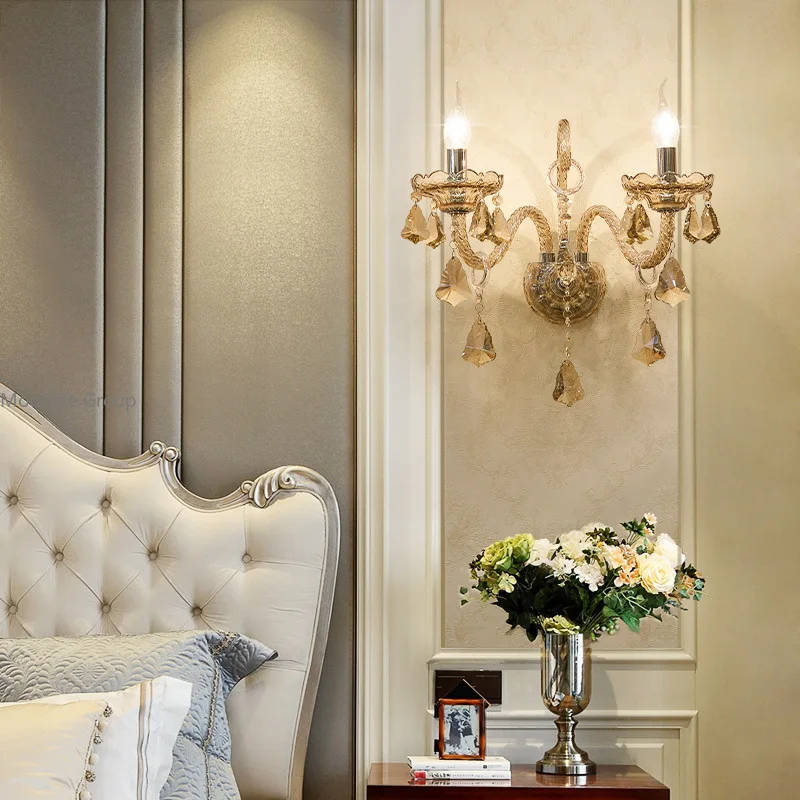 European Crystal Wall Sconce Cognac Color Candle Wall Sconce Living Room Romantic Bedroom Decorative Wall Lighting