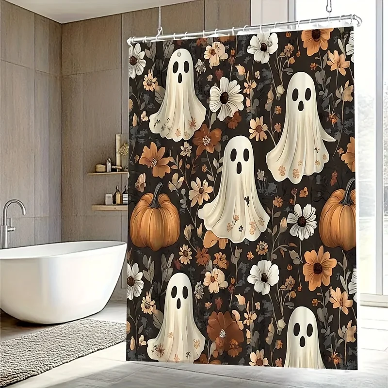 A Ghost And Floral Shower Curtain Featuring Pumpkins, Available in Multiple Sizes - Machine Washable, Halloween Bathroom Decor,