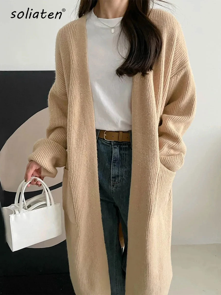 

2024 Spring Chic Casual Cardigan Multi Colors Long Coat Loose V Neck Solid Color Long Knitwear Daily Solid Clothes C-255