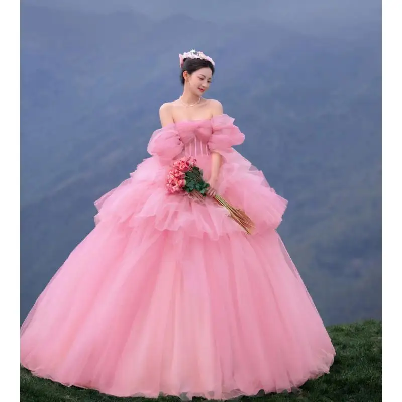 Off Shoulder Strapless Wedding Dress Pink Gradient Sweet Fugitive Princess Dress Fluffy Cake Dress Trailing Dress Customized