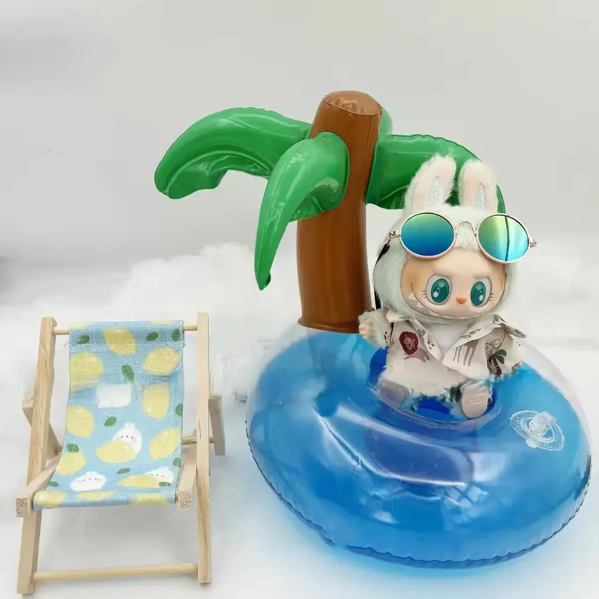 미니 귀여운 인형의 비치웨어 세트 접이식 써니 비치 의자 17cm Labubu 여름 복장 액세서리 미니 의류 DIY 선물 ﻿