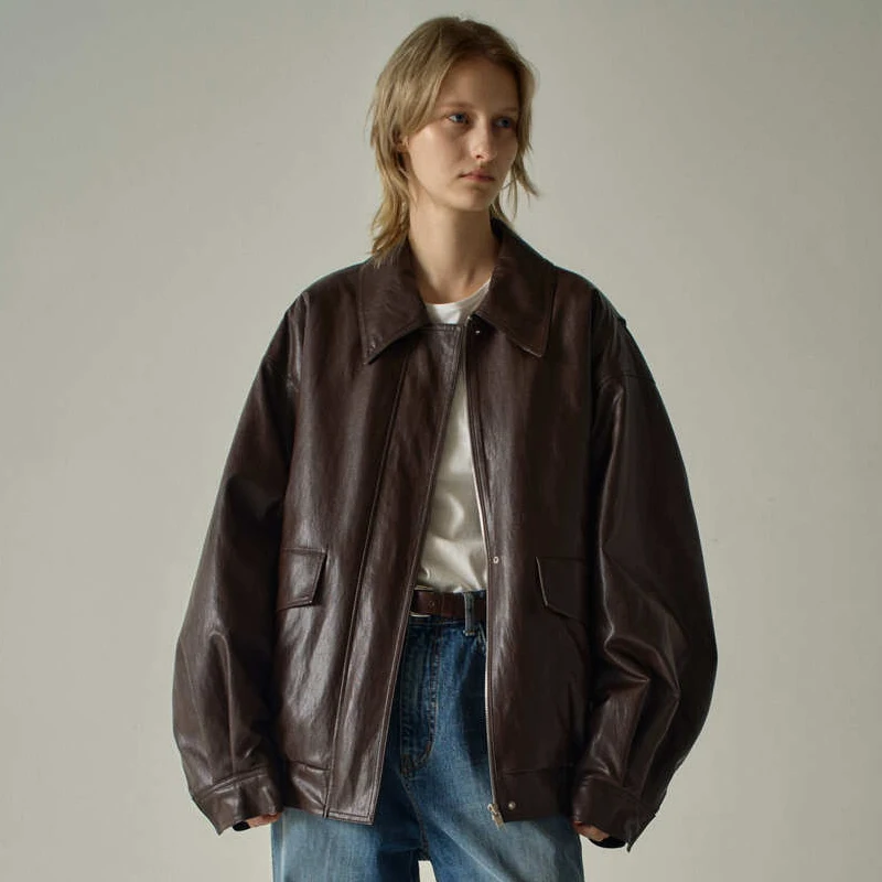 Cappotto da motociclista in pelle PU Jaet da donna allentato Primavera Autunno Nuovo Sle Tagkita Casual Pendolarismo Waer Tessuto in pelle Lunga Zip lunga