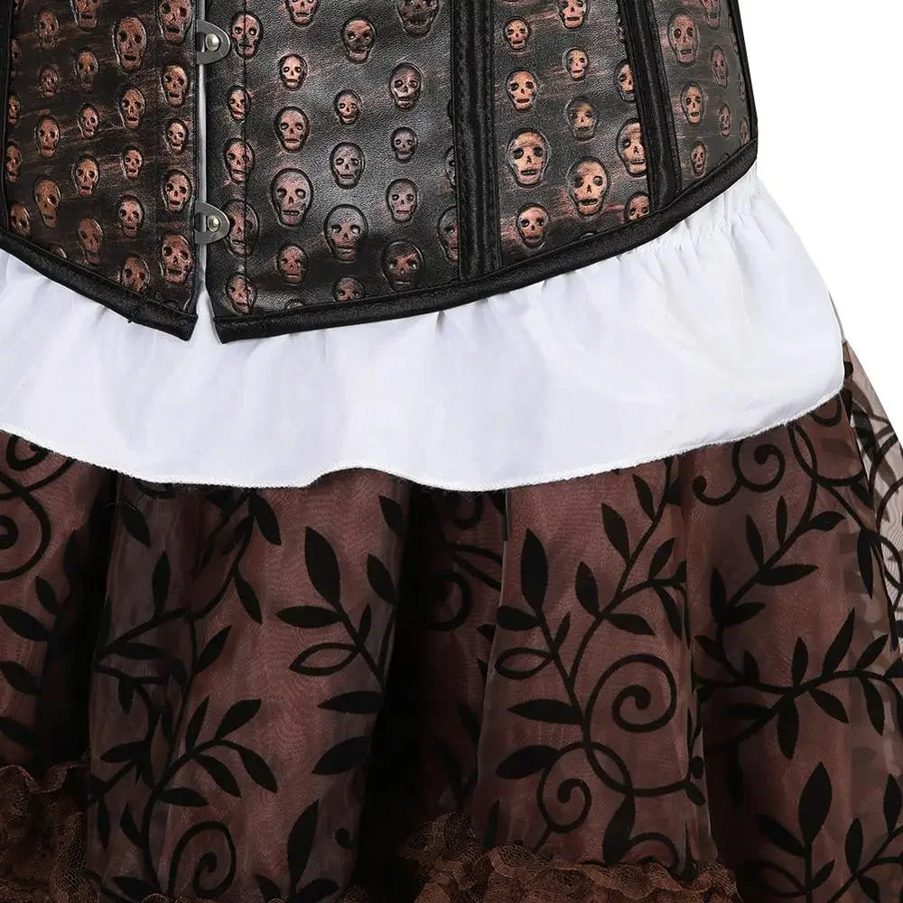 Women Corset Skirt Blouse Suit Leather Bustiers Outfits Steampunk Skull Underbust Skirts Shirt Set Carnival Party Costumes