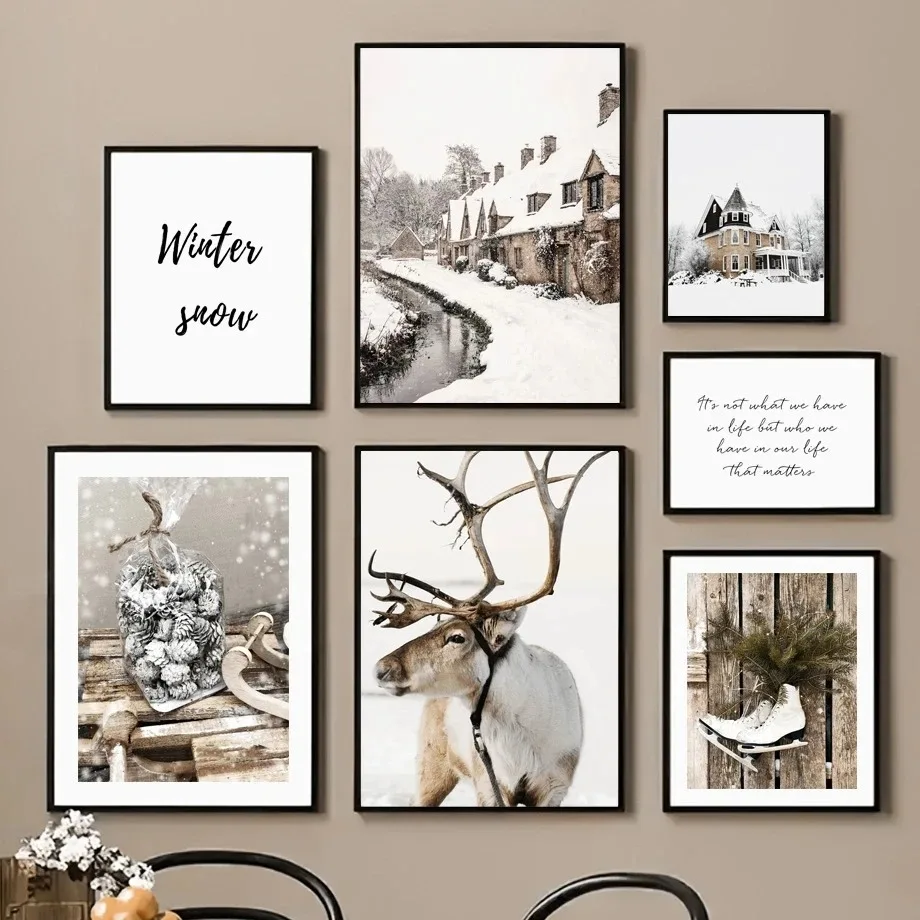 Winter Scenery Poster Wall Art Canvas Painting Modern Snow Elk Deer House Picture Home Decor Prints For Living Room Wall Design