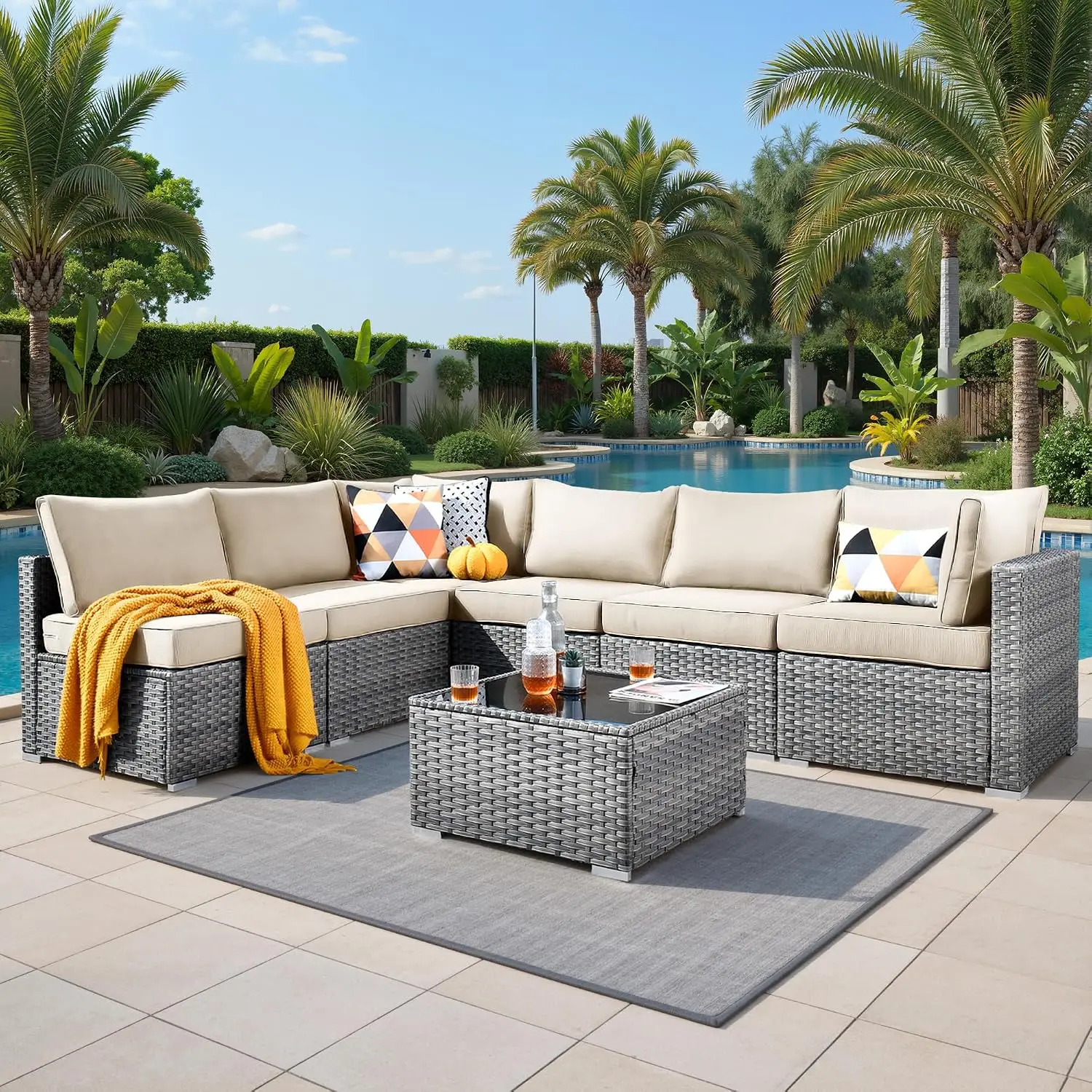 7 Pieces Patio Furniture Set,Outdoor Patio Conversation Sets with Coffee Table,L Shaped Rattan Wicker Sectional Patio, Custom