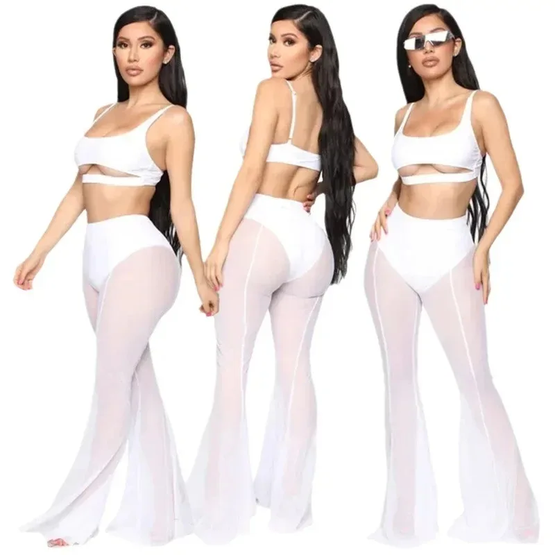 New Summer Sunscreen Wide Leg Pants with European and American Perspective Mesh Beach Style Women's Skin friendly Sexy Pants