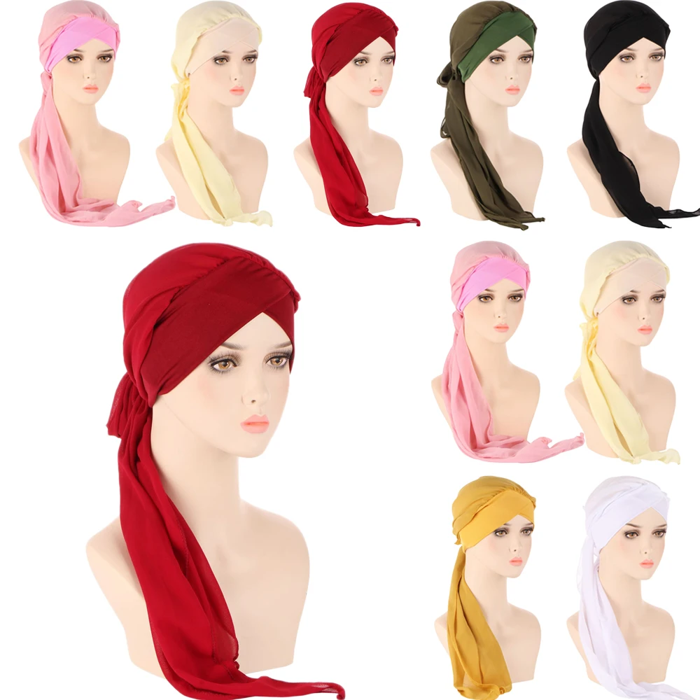 

Muslim Women Turban Hat Head Scarf Chiffon Stretchy Wrap Bandana Hijab Cap Hair Loss Solid Color Cancer Chemo Cap Arab Indian