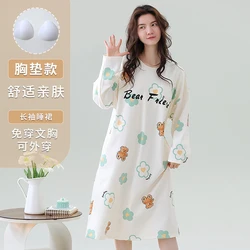 Big Size M-5XL Spring and Autumn women long sleeve nightgown female cute cartoon nightdress with chest pad